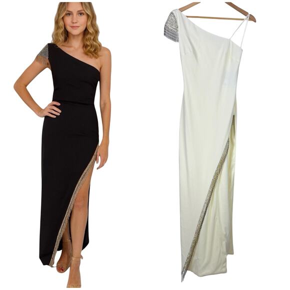 Mac Duggal NWT One Shoulder Metal Rhinestone Fringe Accents Side Slit Ivory Sz 2 - Picture 1 of 15